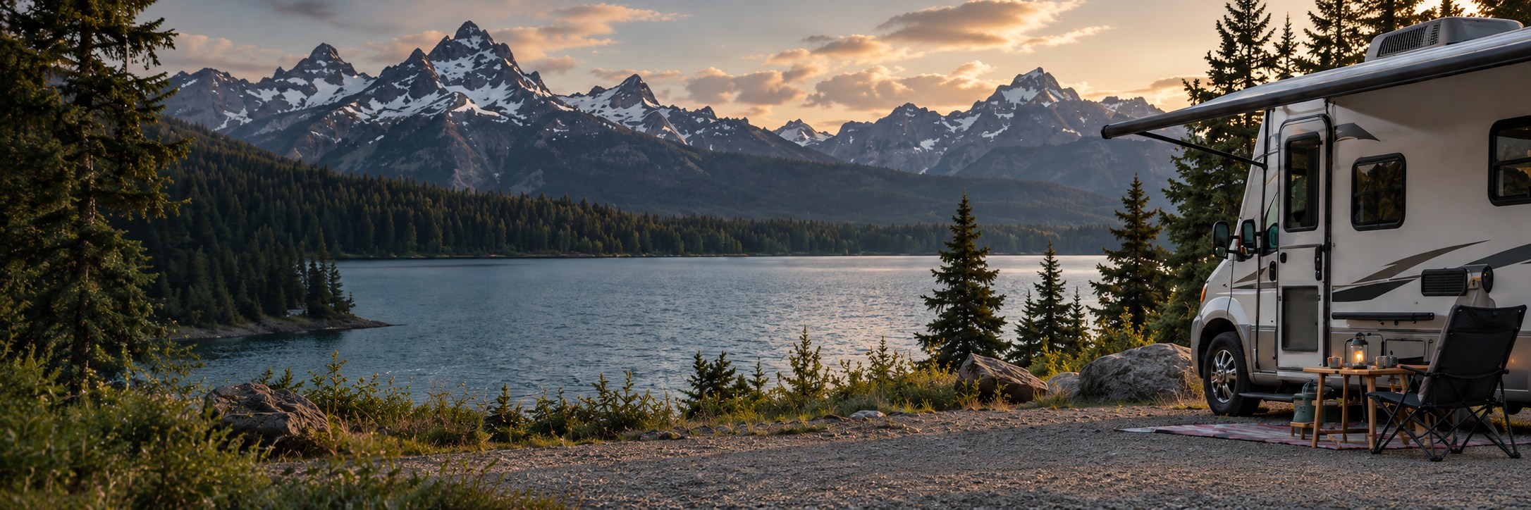 RV parked beside a mountain lake at sunset