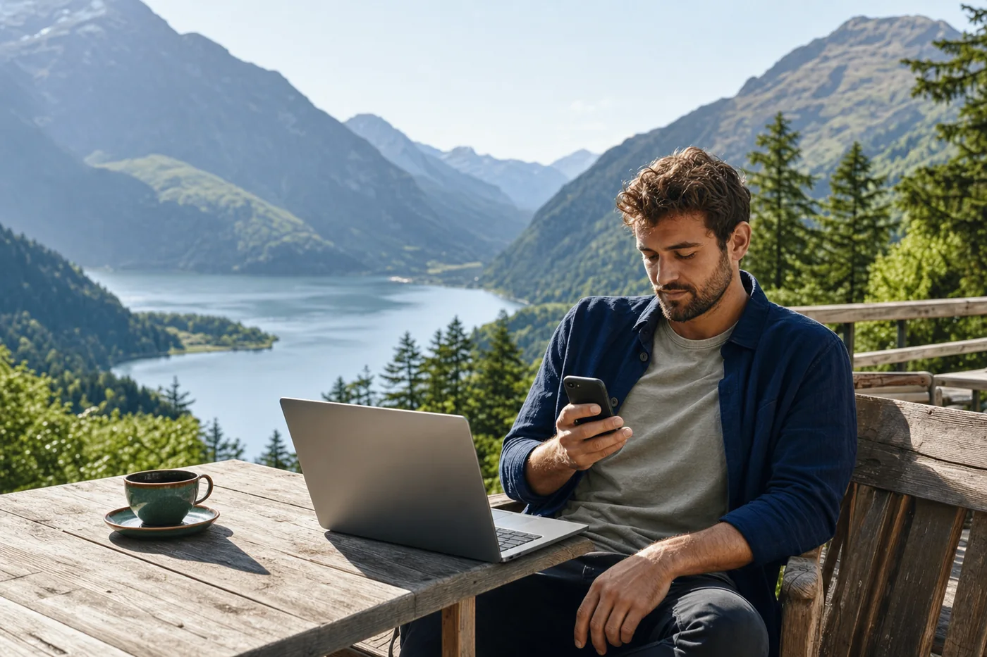 A remote traveler checks his phone beside a laptop on a mountain terrace