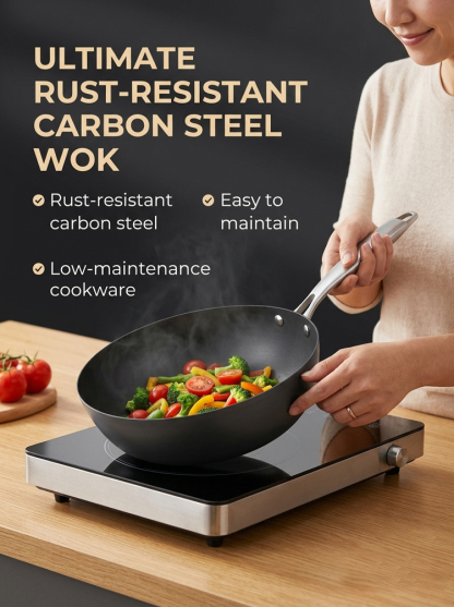 🍳 Trusted by Chefs Worldwide: Ultimate Rust-Resistant Carbon Steel Wok (100% PFOA-Free, Built to Last 30 Years)