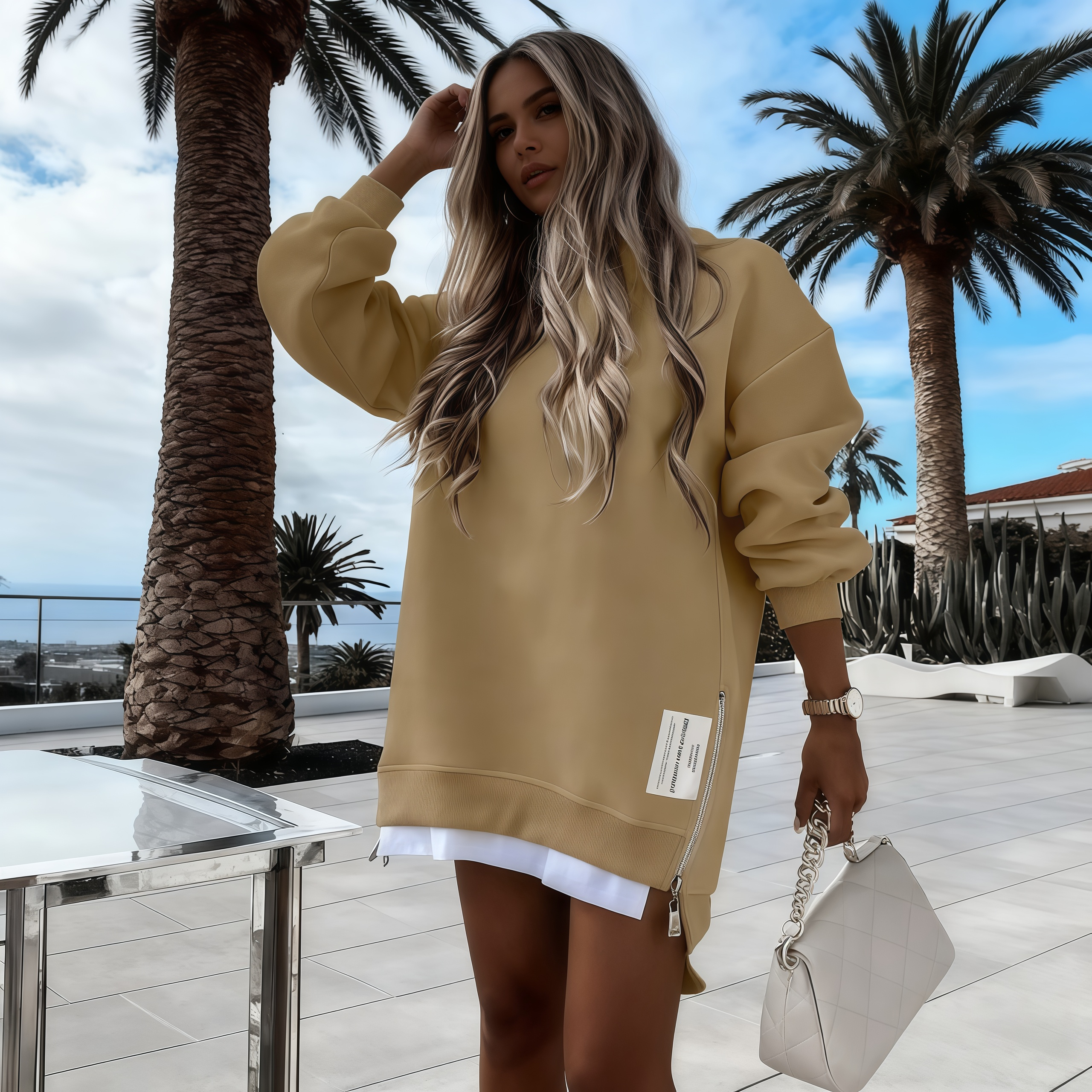 Long-Sleeve Hoodie with Zipper Slit Casual One-Piece Sweatshirt