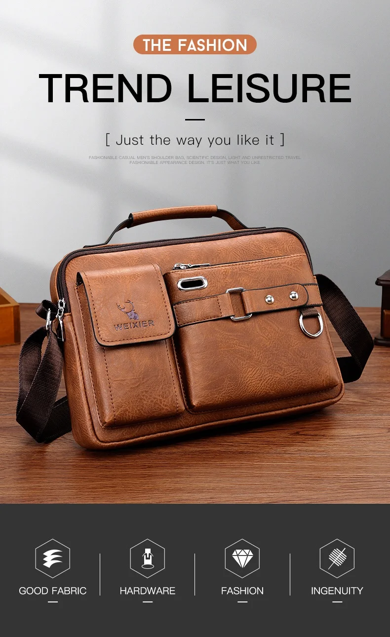 WEIXIER  D234 PU Leather Men's Messenger Bag Shoulder Bag Satchel Briefcase with Earphone Hole - Light Brown 1