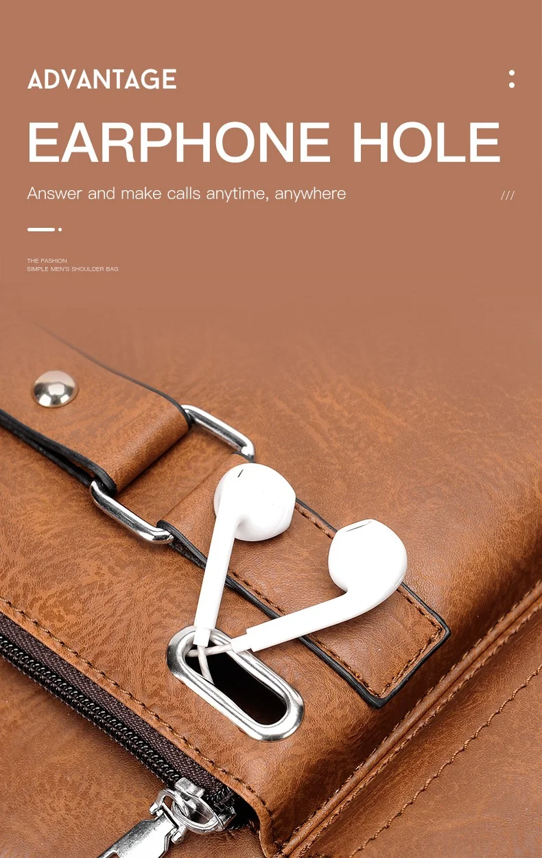WEIXIER  D234 PU Leather Men's Messenger Bag Shoulder Bag Satchel Briefcase with Earphone Hole - Light Brown 6