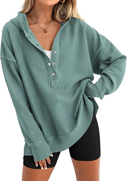 Womens Fashion Long Sleeve Hoodie Oversized Button Up V Neck Sweatshirt Side Slit Casual Pullover