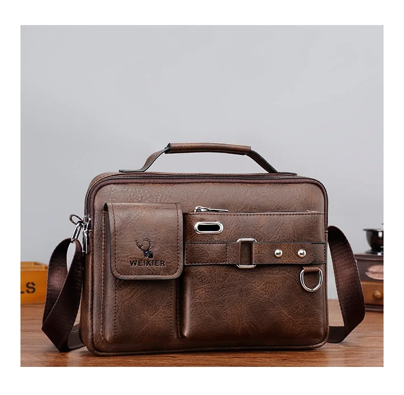 WEIXIER  D234 PU Leather Men's Messenger Bag Shoulder Bag Satchel Briefcase with Earphone Hole - Light Brown 18