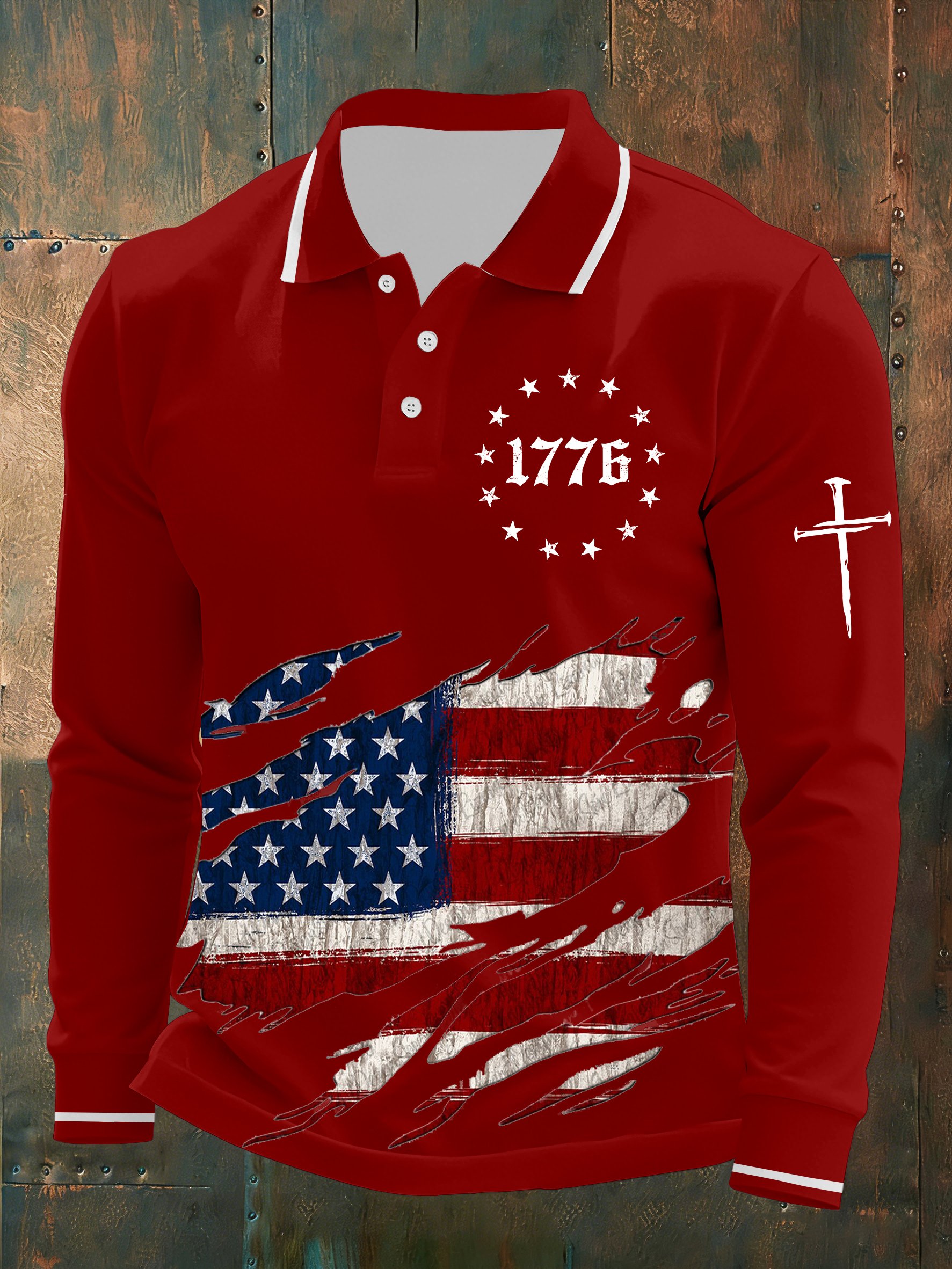 Patriotic 1776 American Flag Print Long-Sleeve Polo Shirt – Distressed USA Flag Design with Cross Detail