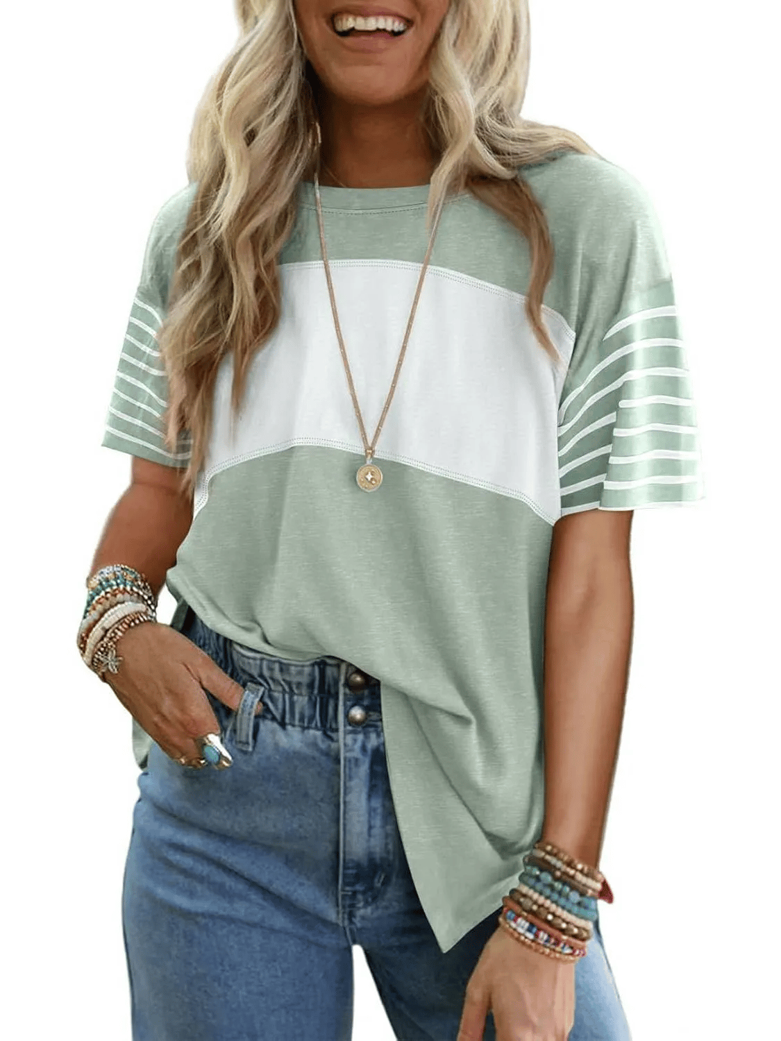 Womens Oversized Crewneck Casual Color Block Striped Shirts Blouses