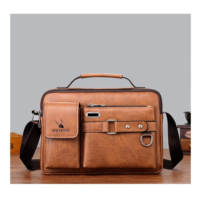 WEIXIER  D234 PU Leather Men's Messenger Bag Shoulder Bag Satchel Briefcase with Earphone Hole - Light Brown 19