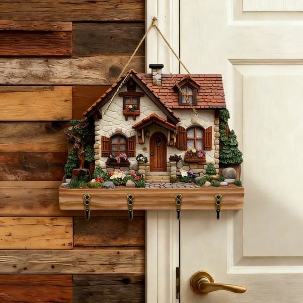 🐮 Rustic Highland Cow Wooden Family Key Holder Hanging Ornament with 4 Hooks