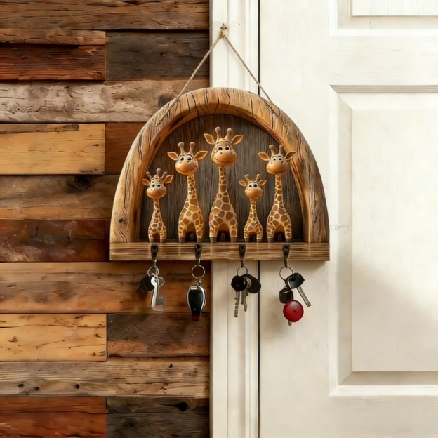 🐮 Rustic Highland Cow Wooden Family Key Holder Hanging Ornament with 4 Hooks