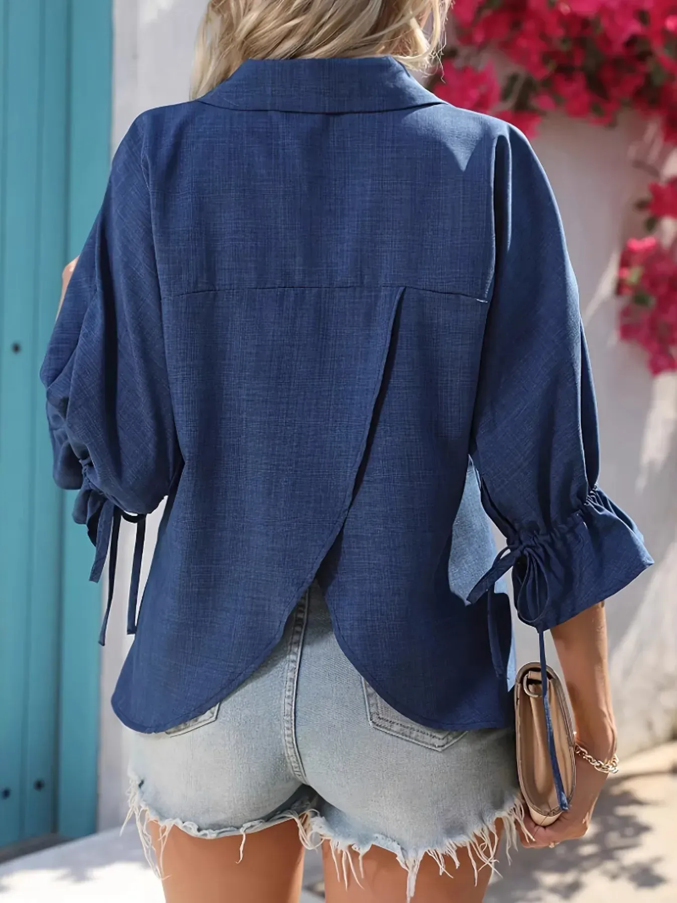 Women's Pullover V-Neck Relaxed-Fit Ruffled 3/4 Sleeve Blouse