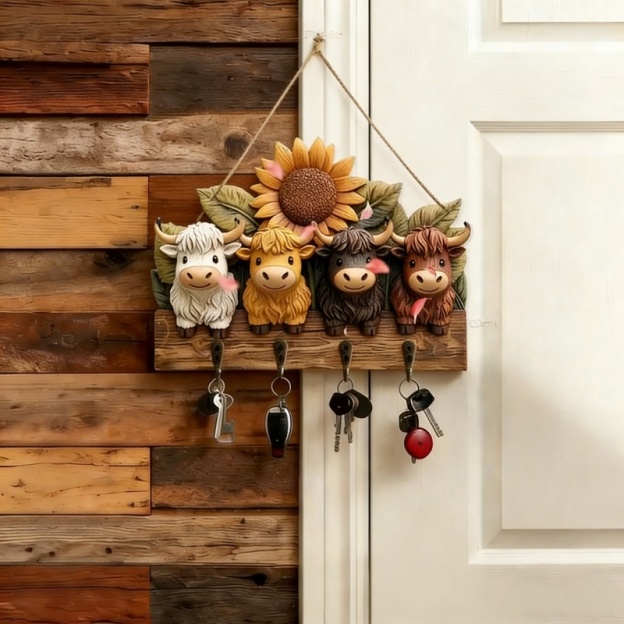🐮 Rustic Highland Cow Wooden Family Key Holder Hanging Ornament with 4 Hooks