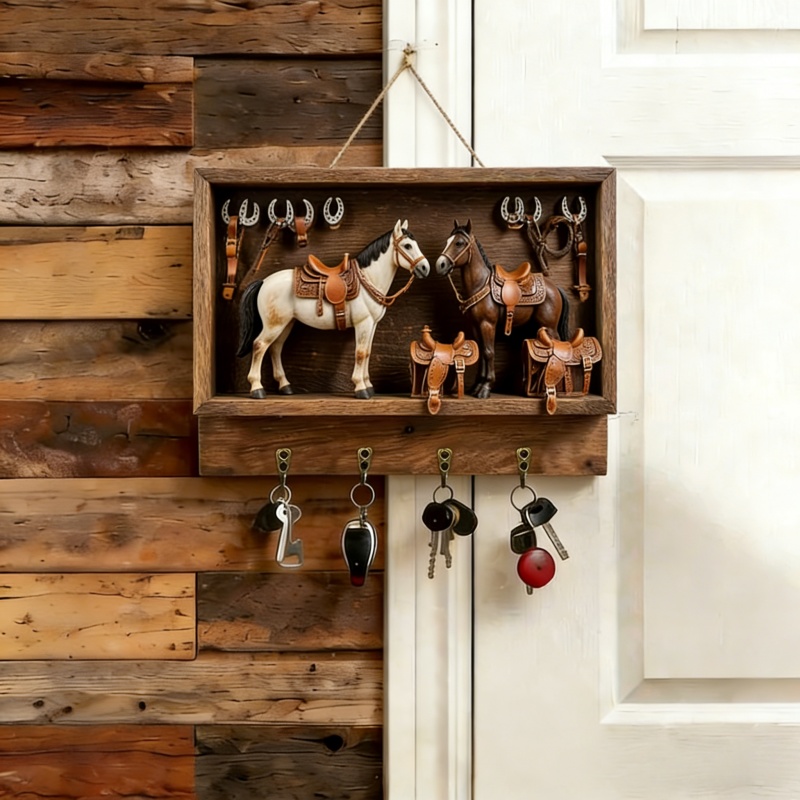 🐮 Rustic Highland Cow Wooden Family Key Holder Hanging Ornament with 4 Hooks