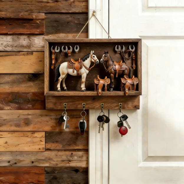 🐮 Rustic Highland Cow Wooden Family Key Holder Hanging Ornament with 4 Hooks