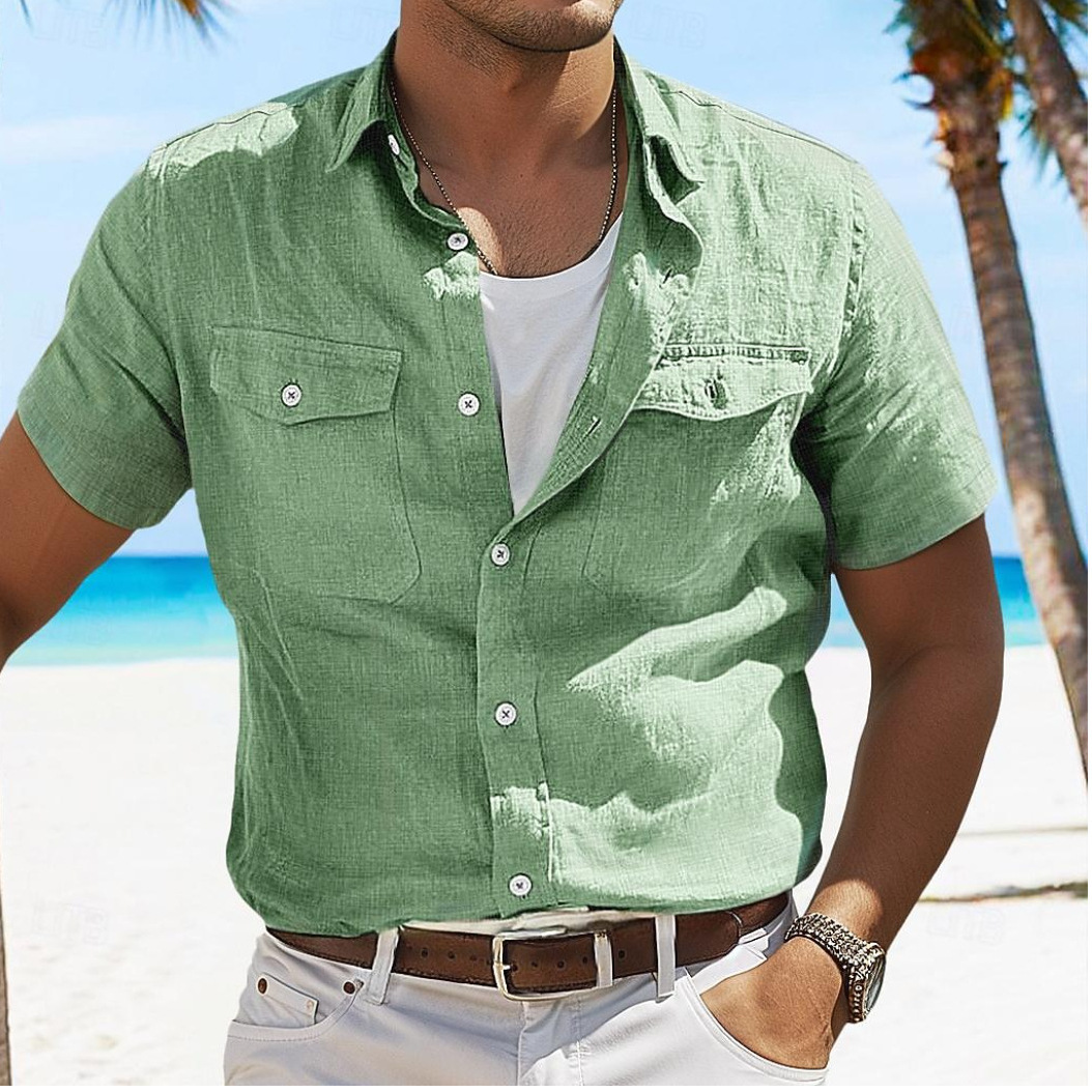 Men's linen summer beach solid-color lapel daily pocket shirt
