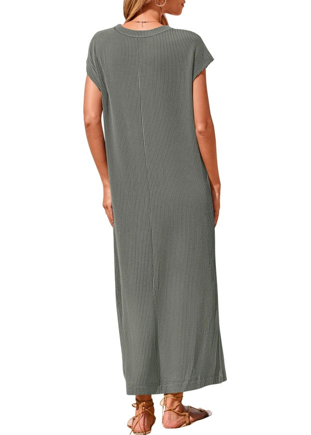 Summer ribbed knit button loose split henley short-sleeve maxi dress