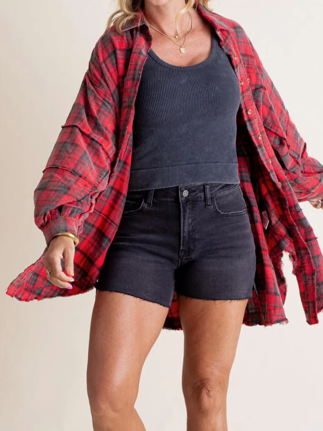 Women's autumn and winter loose plaid shirt with raw edge lantern sleeves
