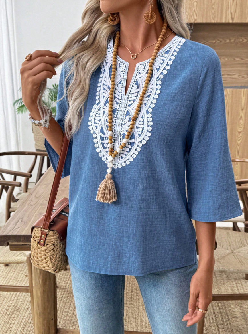 Elegant and fashionable solid color lace loose shirt