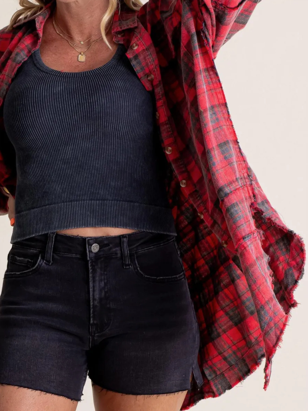 Women's autumn and winter loose plaid shirt with raw edge lantern sleeves