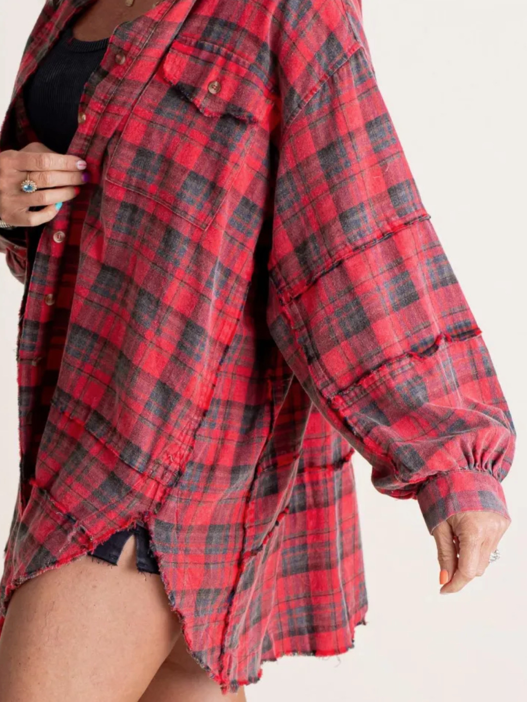 Women's autumn and winter loose plaid shirt with raw edge lantern sleeves