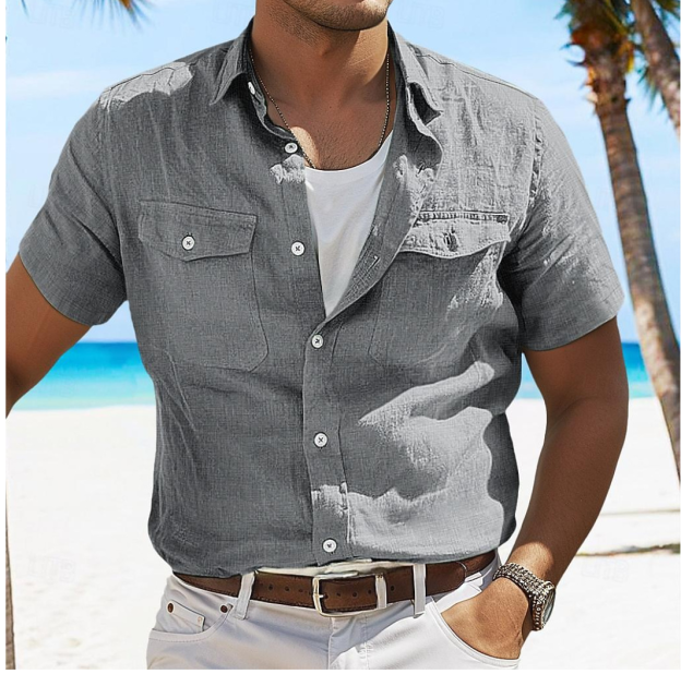 Men's linen summer beach solid-color lapel daily pocket shirt