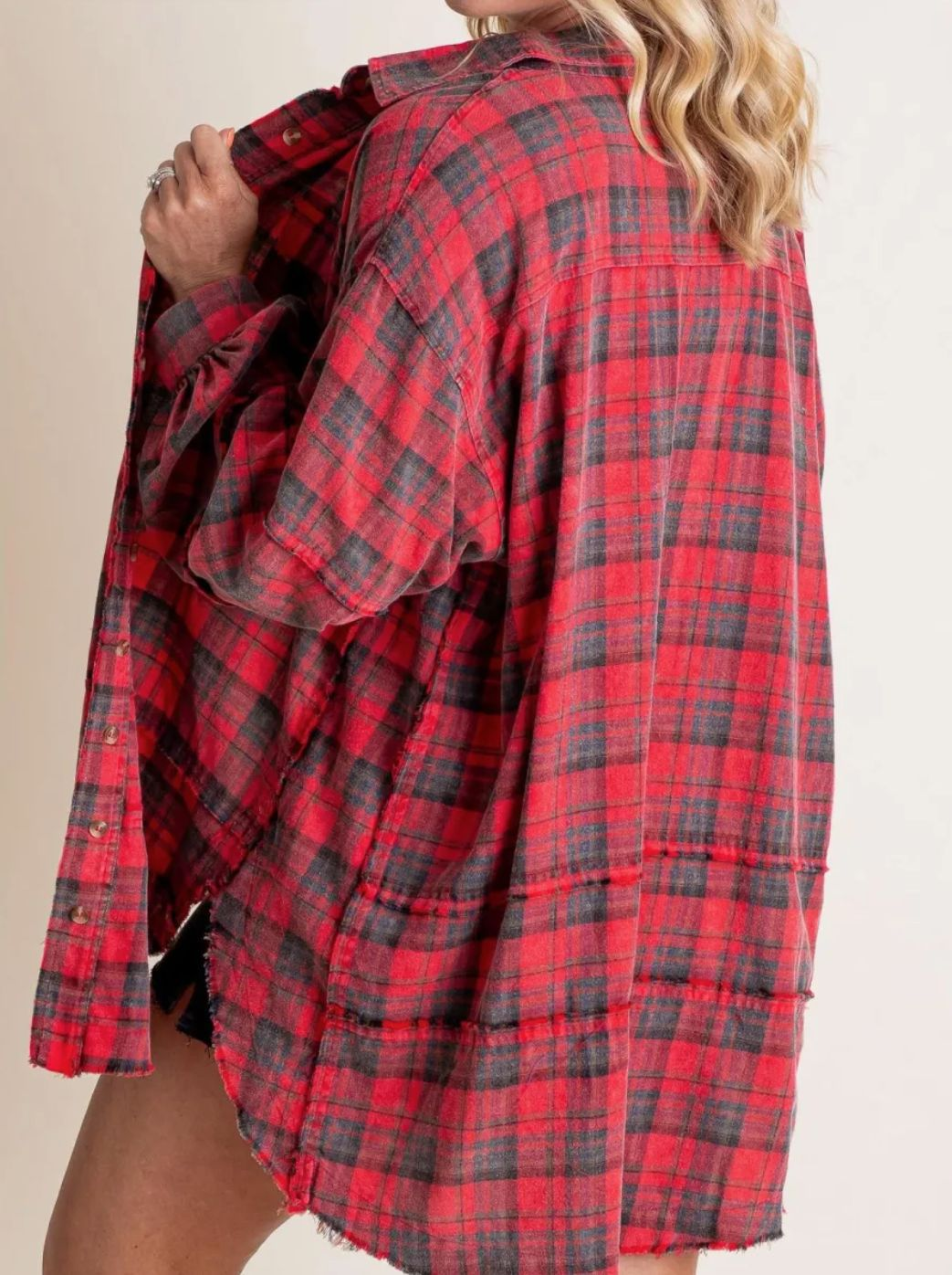Women's autumn and winter loose plaid shirt with raw edge lantern sleeves