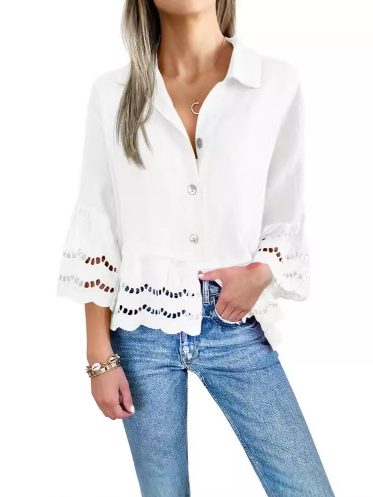 Large Ruffle Bell-Sleeved Hollow Lace Blouse