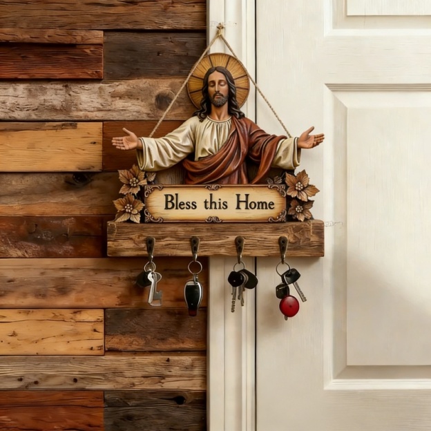 🐮 Rustic Highland Cow Wooden Family Key Holder Hanging Ornament with 4 Hooks