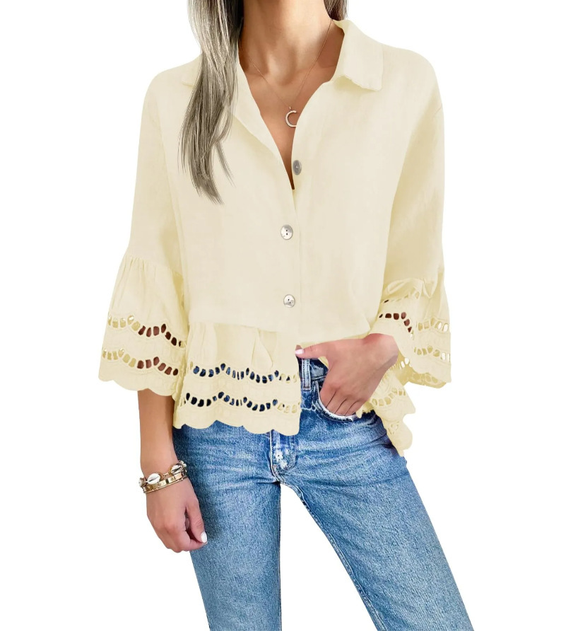 Large Ruffle Bell-Sleeved Hollow Lace Blouse