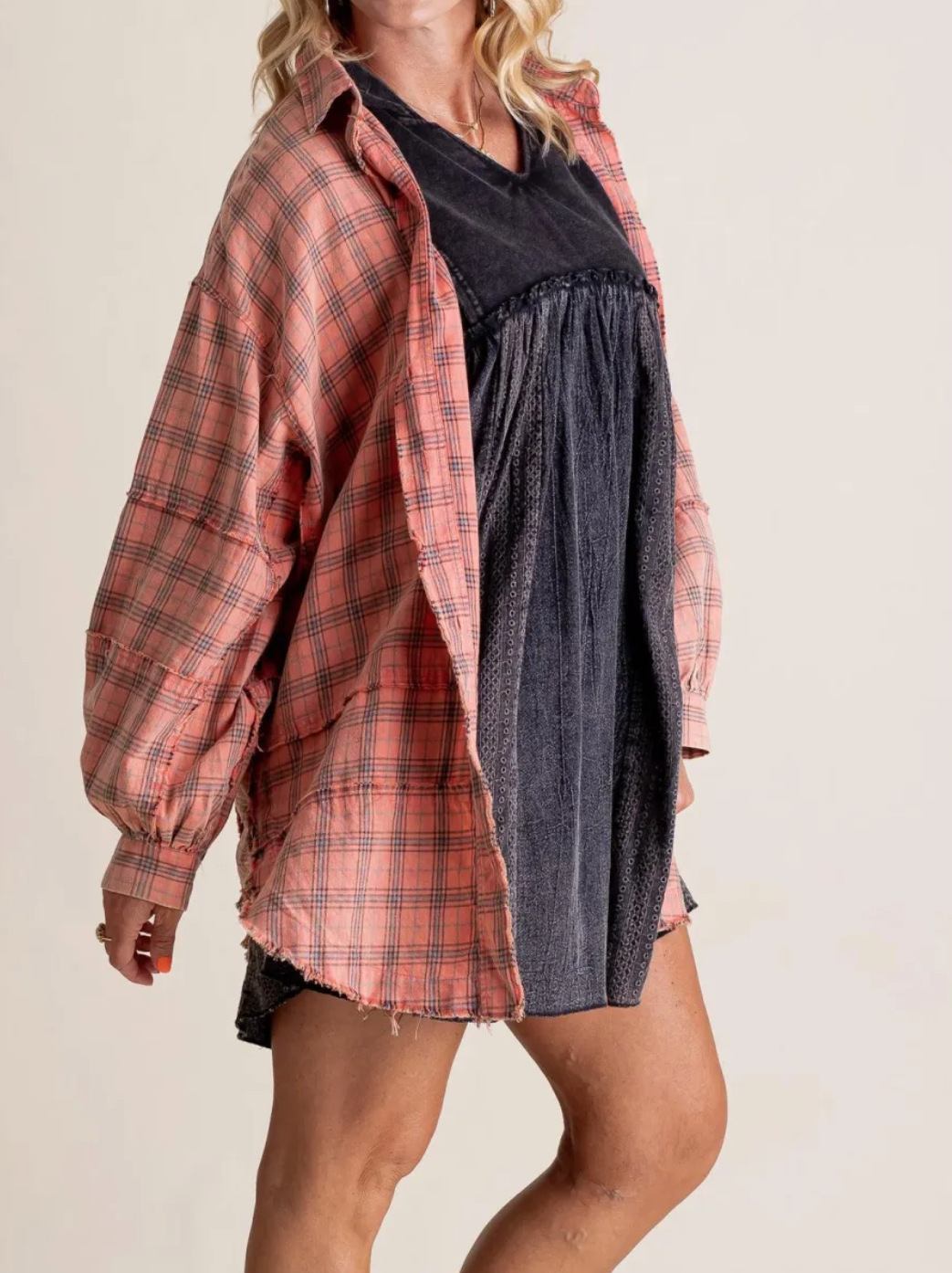 Women's autumn and winter loose plaid shirt with raw edge lantern sleeves