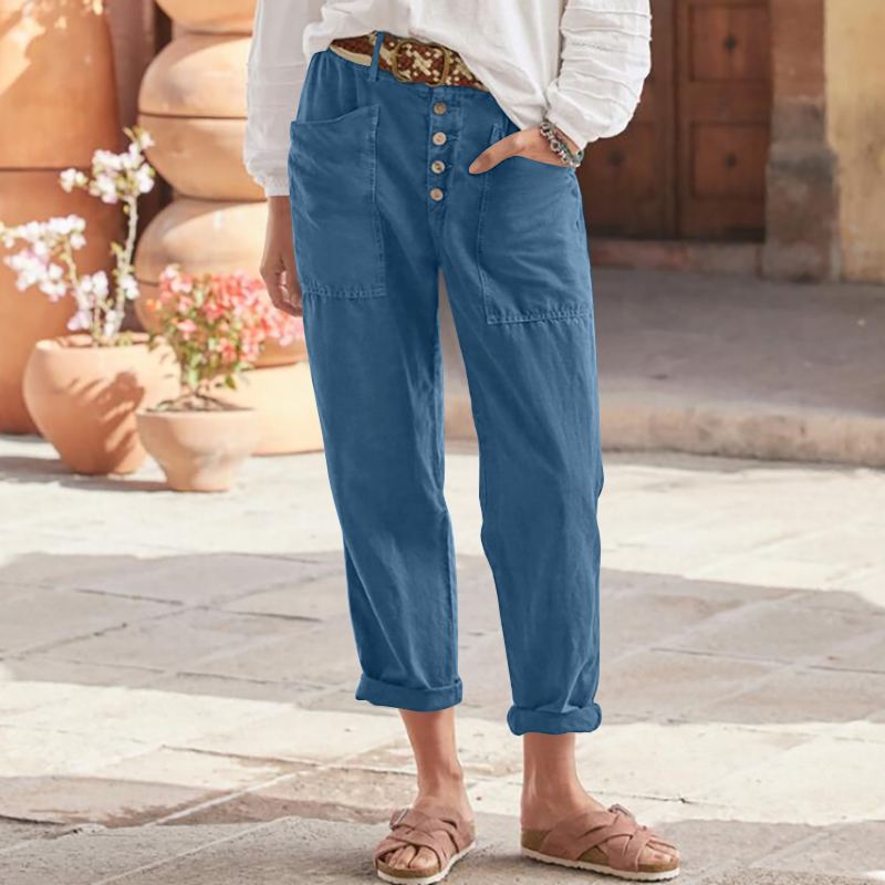 Loose-fit casual cotton-linen pants with row buttons