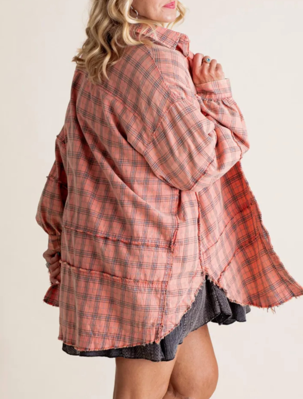 Women's autumn and winter loose plaid shirt with raw edge lantern sleeves