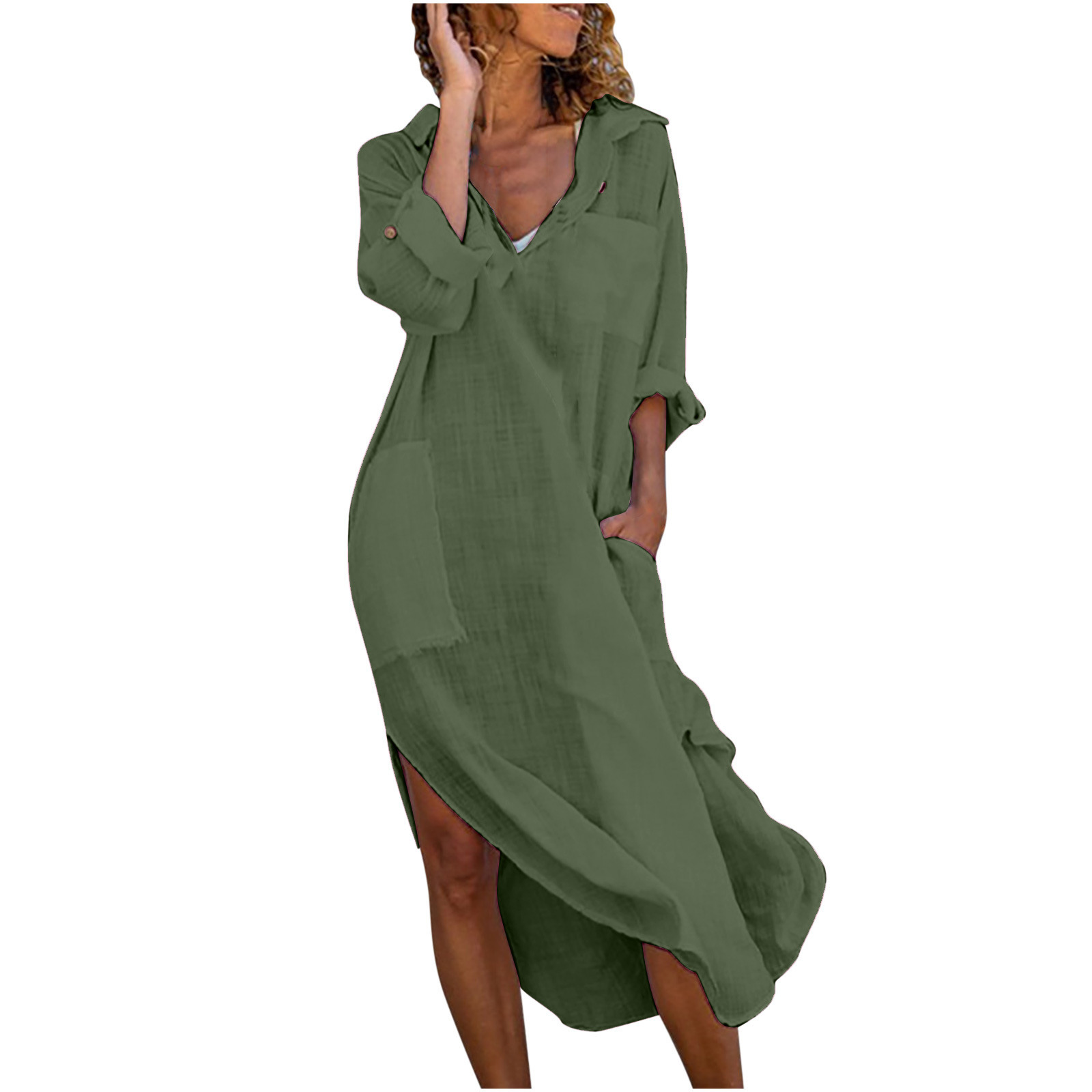 Solid-color Buttoned Split Loose Breathable Casual Cotton-Linen Long Shirt Dress