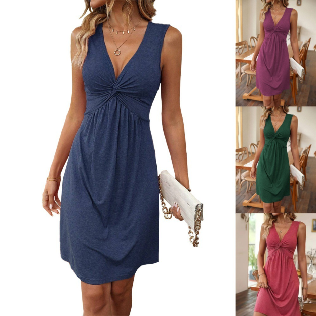 Sleeveless V-Neck Dress with Chest Twist, Ruffles and Waist Cinching