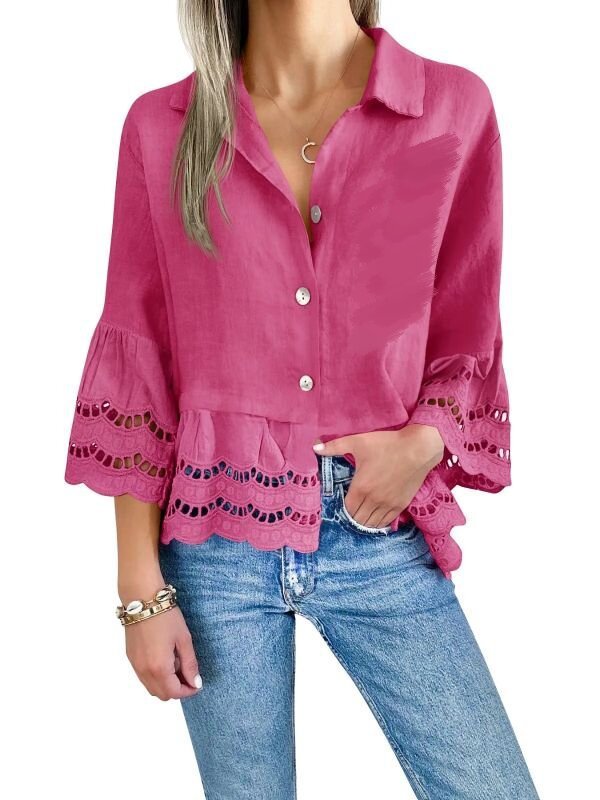 Large Ruffle Bell-Sleeved Hollow Lace Blouse