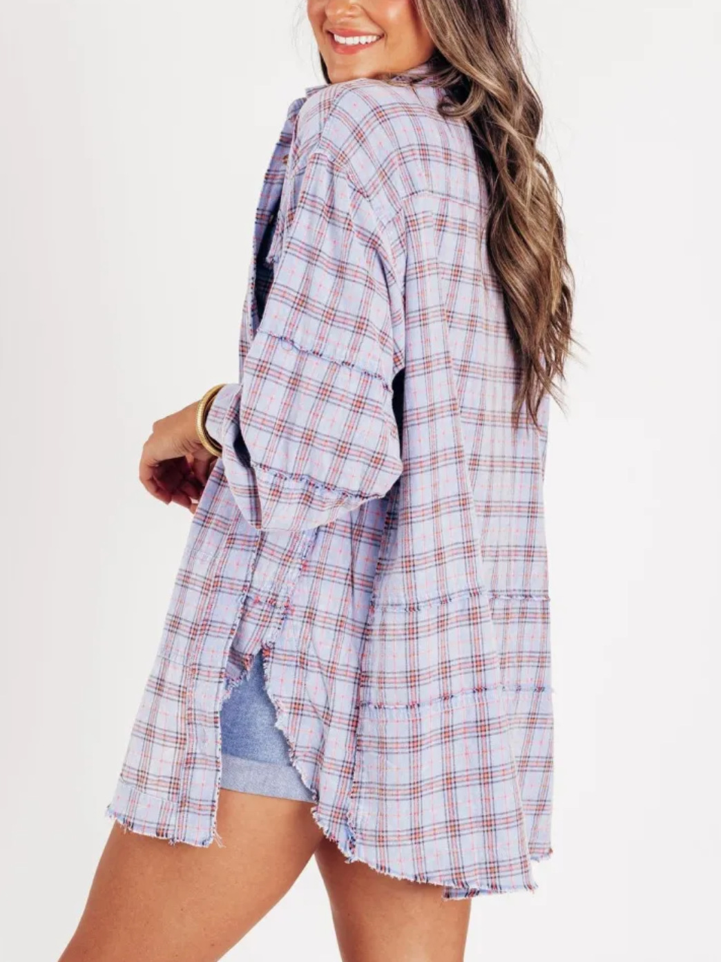 Women's autumn and winter loose plaid shirt with raw edge lantern sleeves