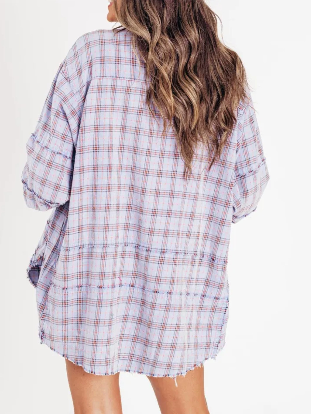 Women's autumn and winter loose plaid shirt with raw edge lantern sleeves