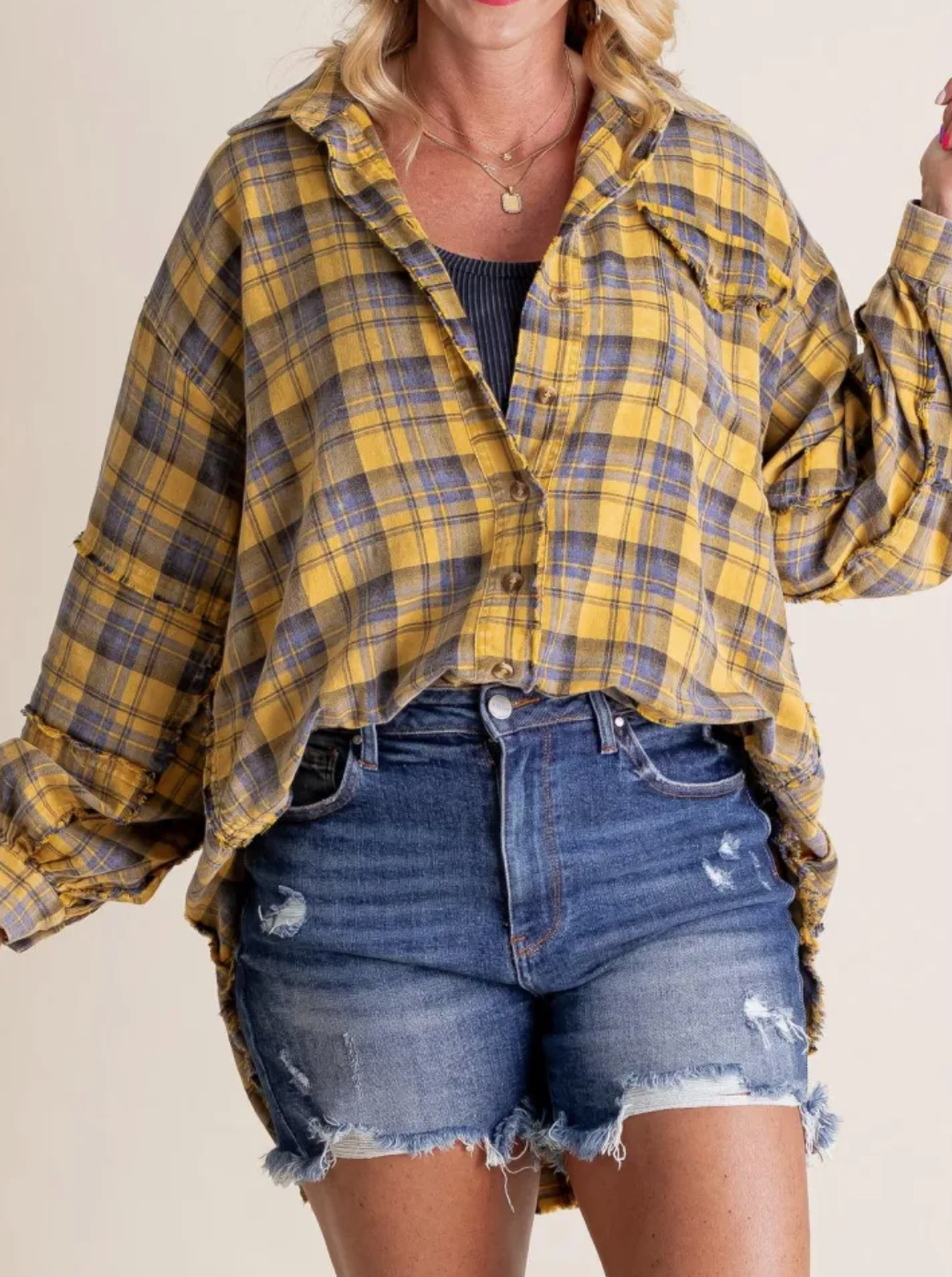 Women's autumn and winter loose plaid shirt with raw edge lantern sleeves