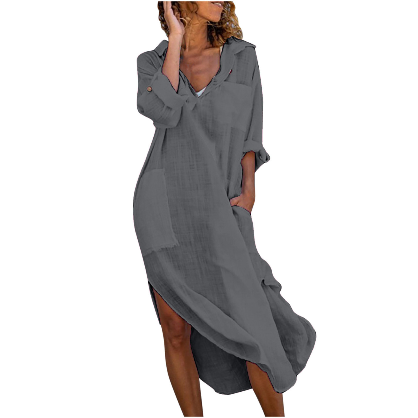 Solid-color Buttoned Split Loose Breathable Casual Cotton-Linen Long Shirt Dress