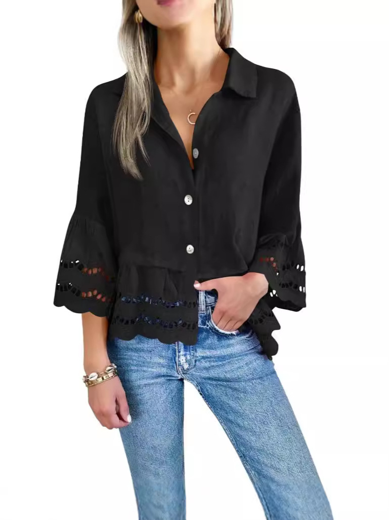 Large Ruffle Bell-Sleeved Hollow Lace Blouse