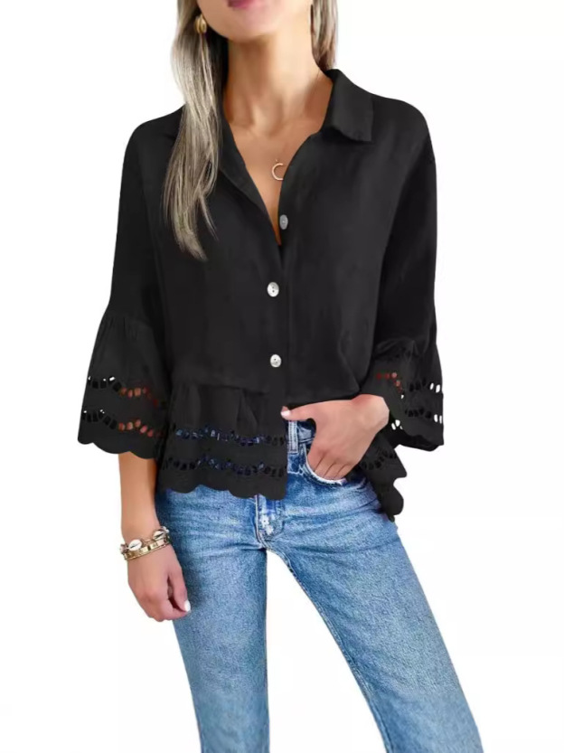 Large Ruffle Bell-Sleeved Hollow Lace Blouse