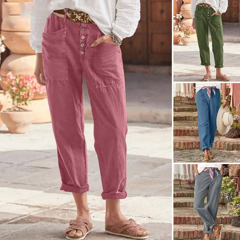 Loose-fit casual cotton-linen pants with row buttons