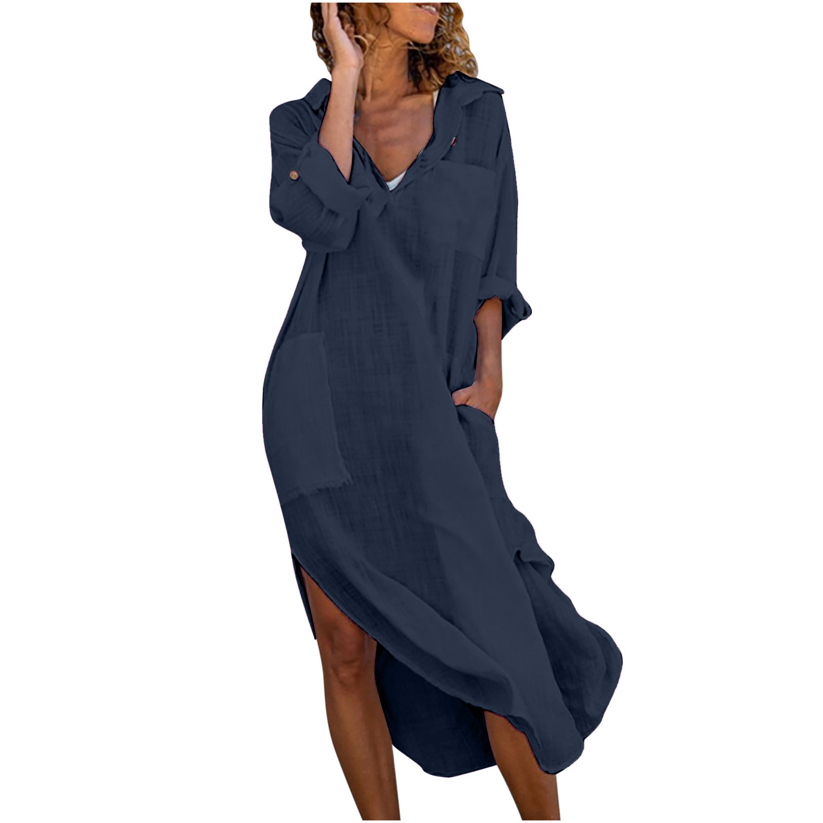 Solid-color Buttoned Split Loose Breathable Casual Cotton-Linen Long Shirt Dress