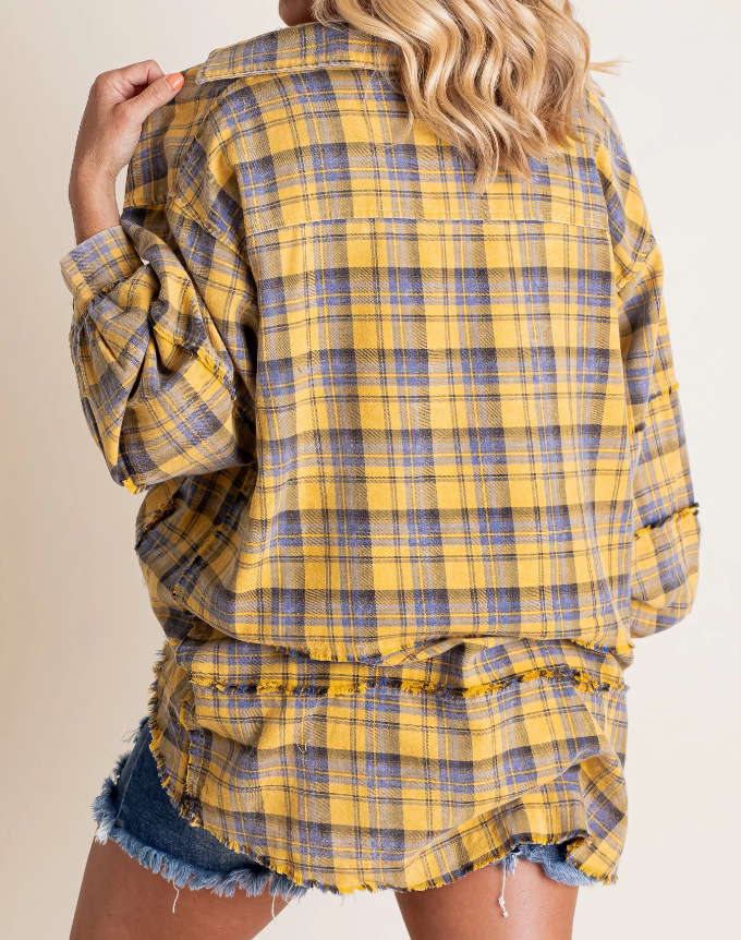 Women's autumn and winter loose plaid shirt with raw edge lantern sleeves