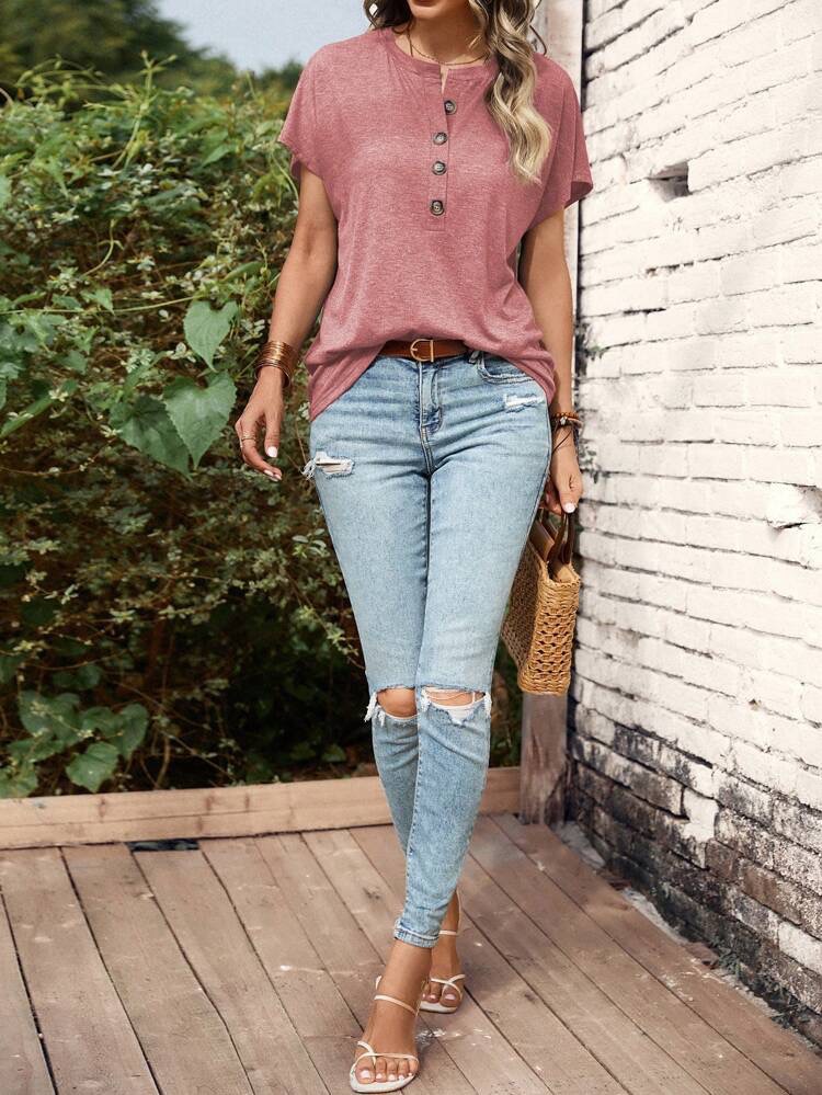 Solid Color Buttoned Fashionable Short-sleeved T-shirt
