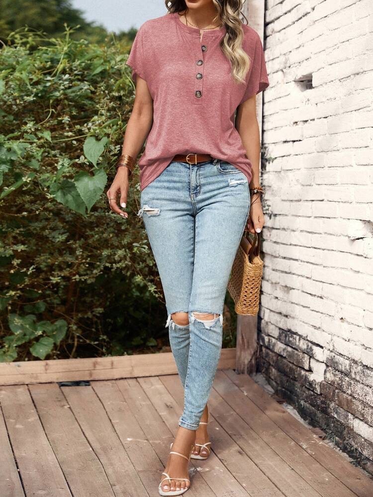 Solid Color Buttoned Fashionable Short-sleeved T-shirt