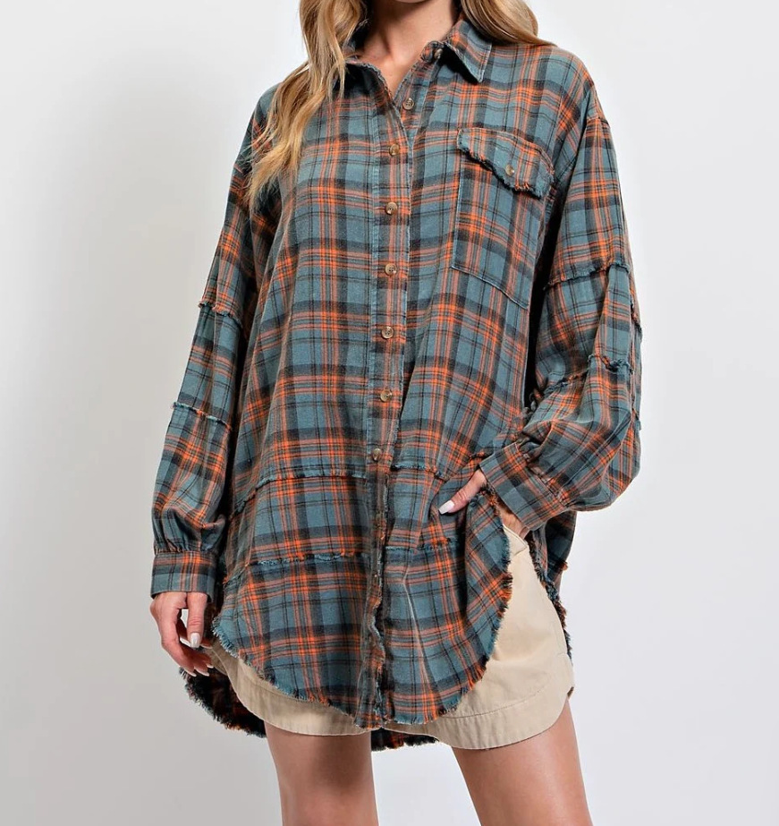 Women's autumn and winter loose plaid shirt with raw edge lantern sleeves