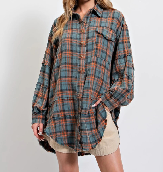 Women's autumn and winter loose plaid shirt with raw edge lantern sleeves
