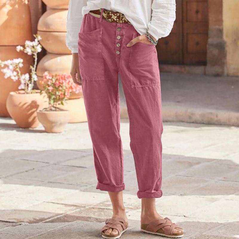 Loose-fit casual cotton-linen pants with row buttons