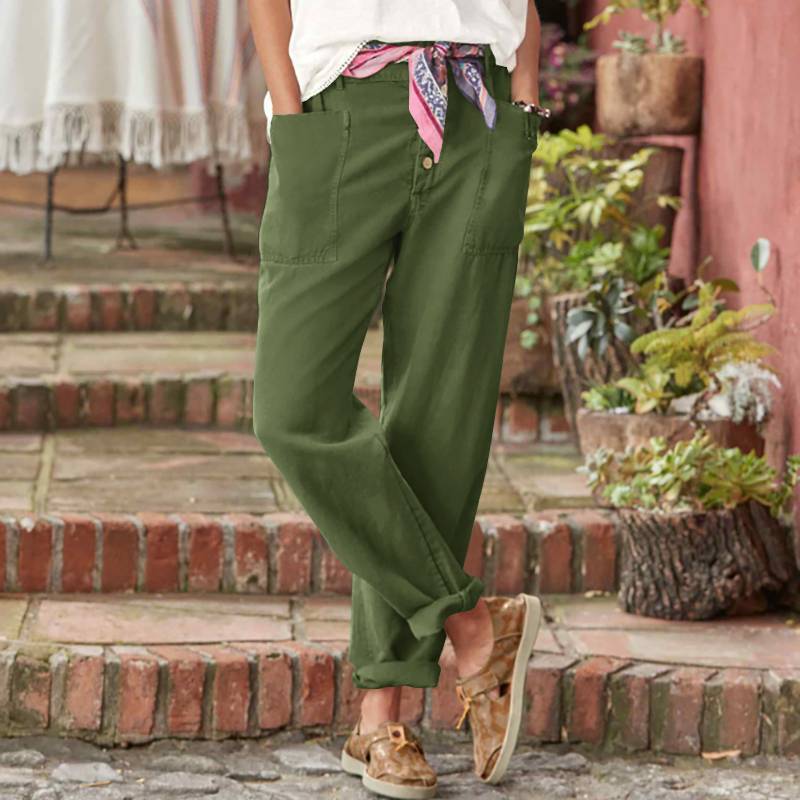 Loose-fit casual cotton-linen pants with row buttons