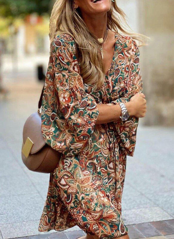Mid-waist pullover short-sleeved printed loose dress